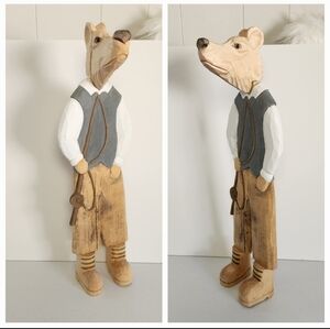 Vintage Handmade Rustic Carved Wood Fisherman Standing Bear Cabin Farmhouse